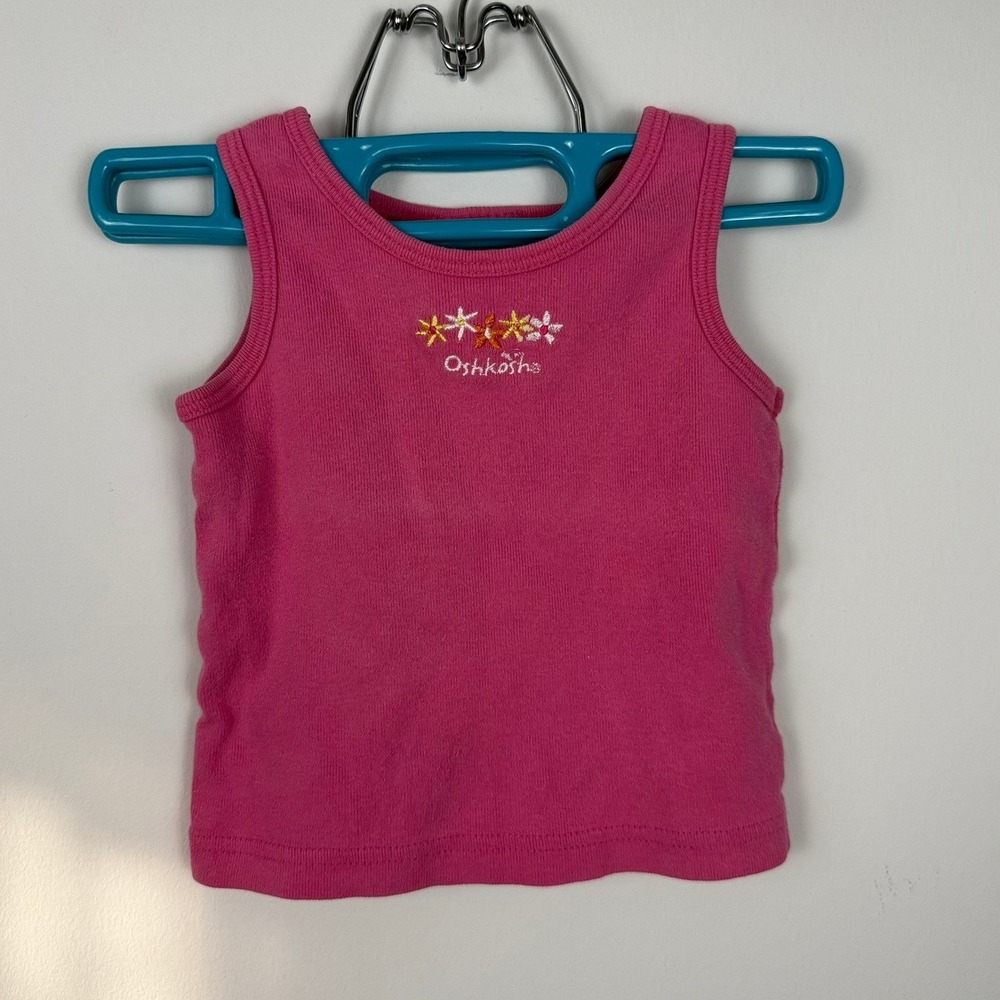 Vintage OshKosh Bgosh Pink Ribbed Floral Embroidered Tank Top Made in USA 2T